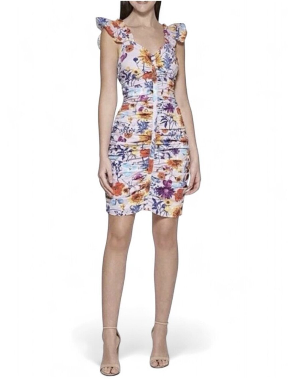 Guess Floral Ruched Dress Bodycon Lilac Midi Sheath Summer Party Flowers, 14